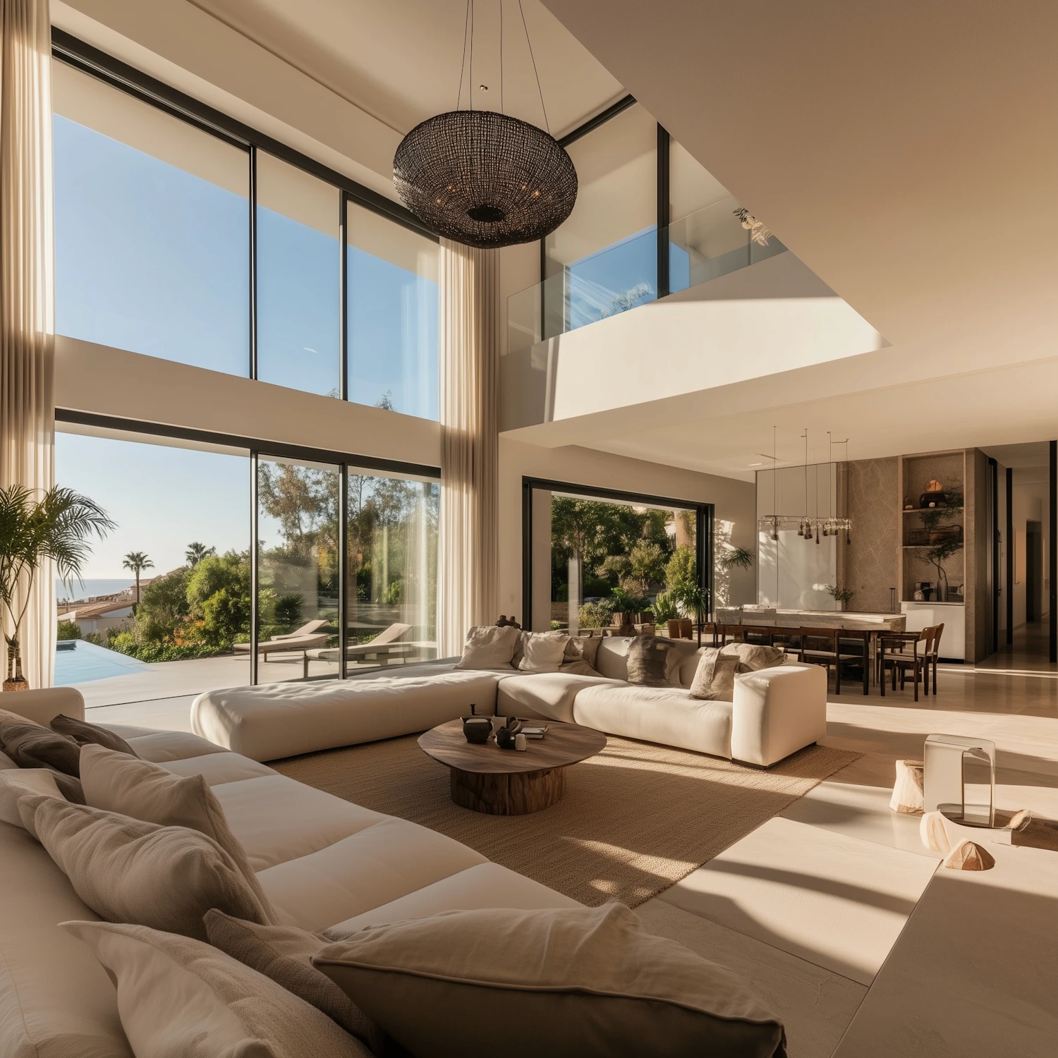 Double-height living room with sea views
