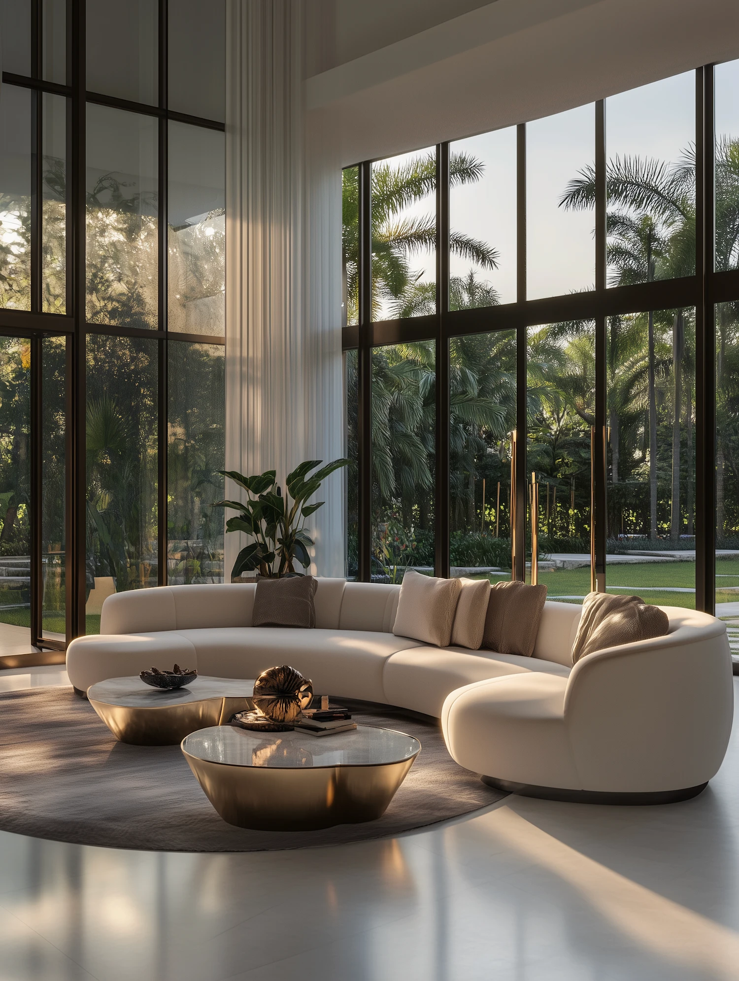 Bright living room with curved sofas