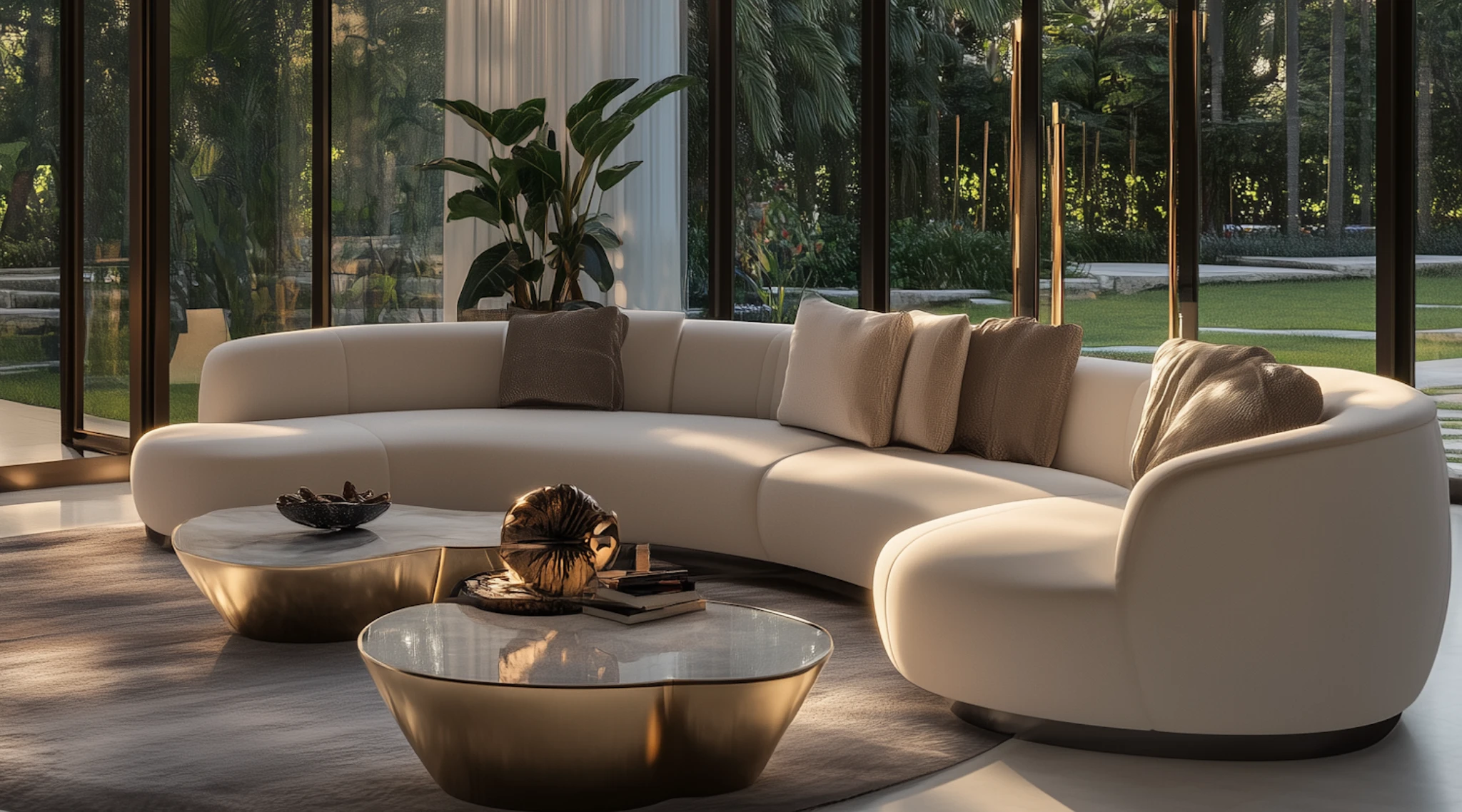 Curved sofa in a garden-facing lounge