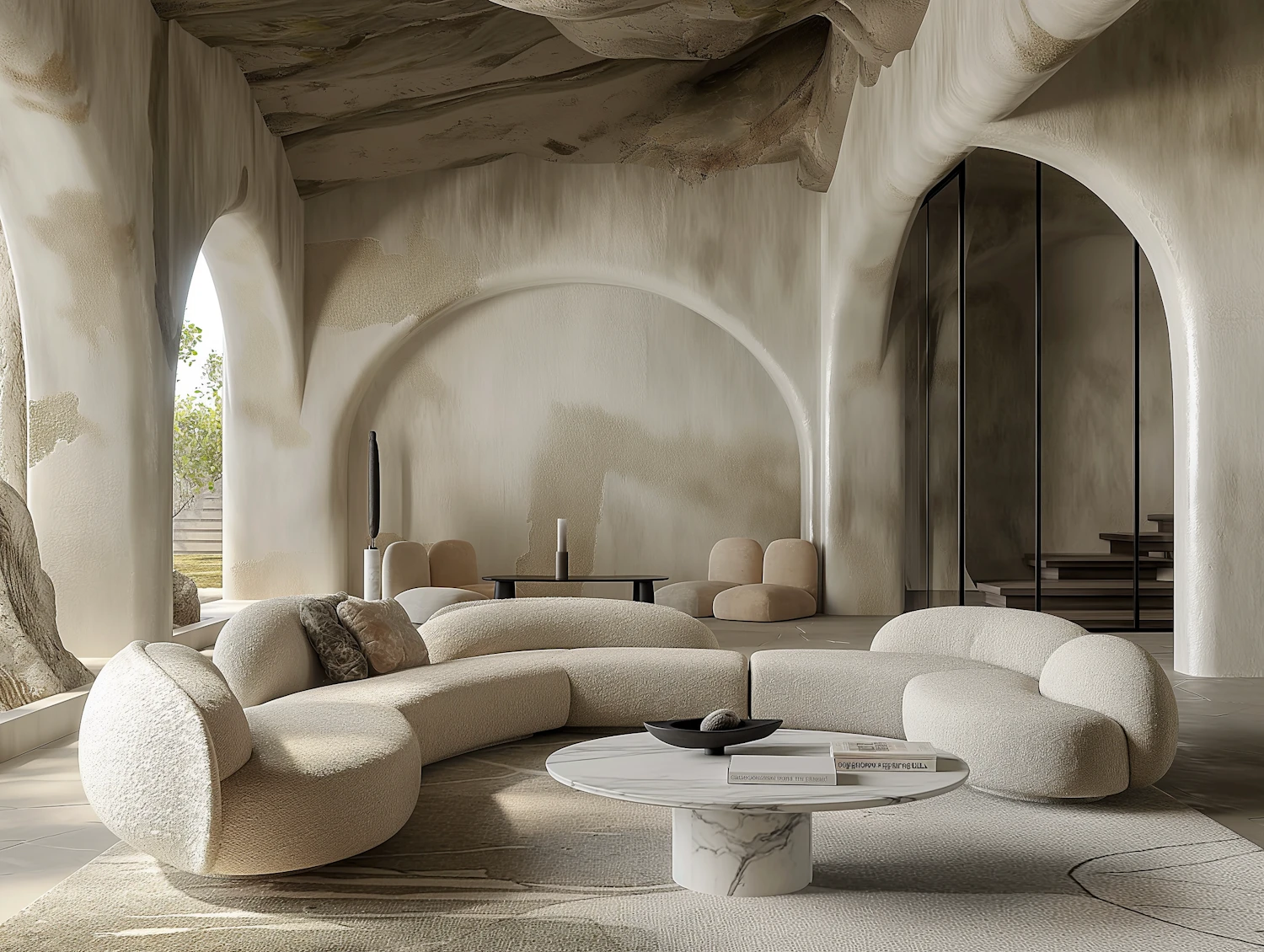 Sculpted plaster lounge with boucle seating