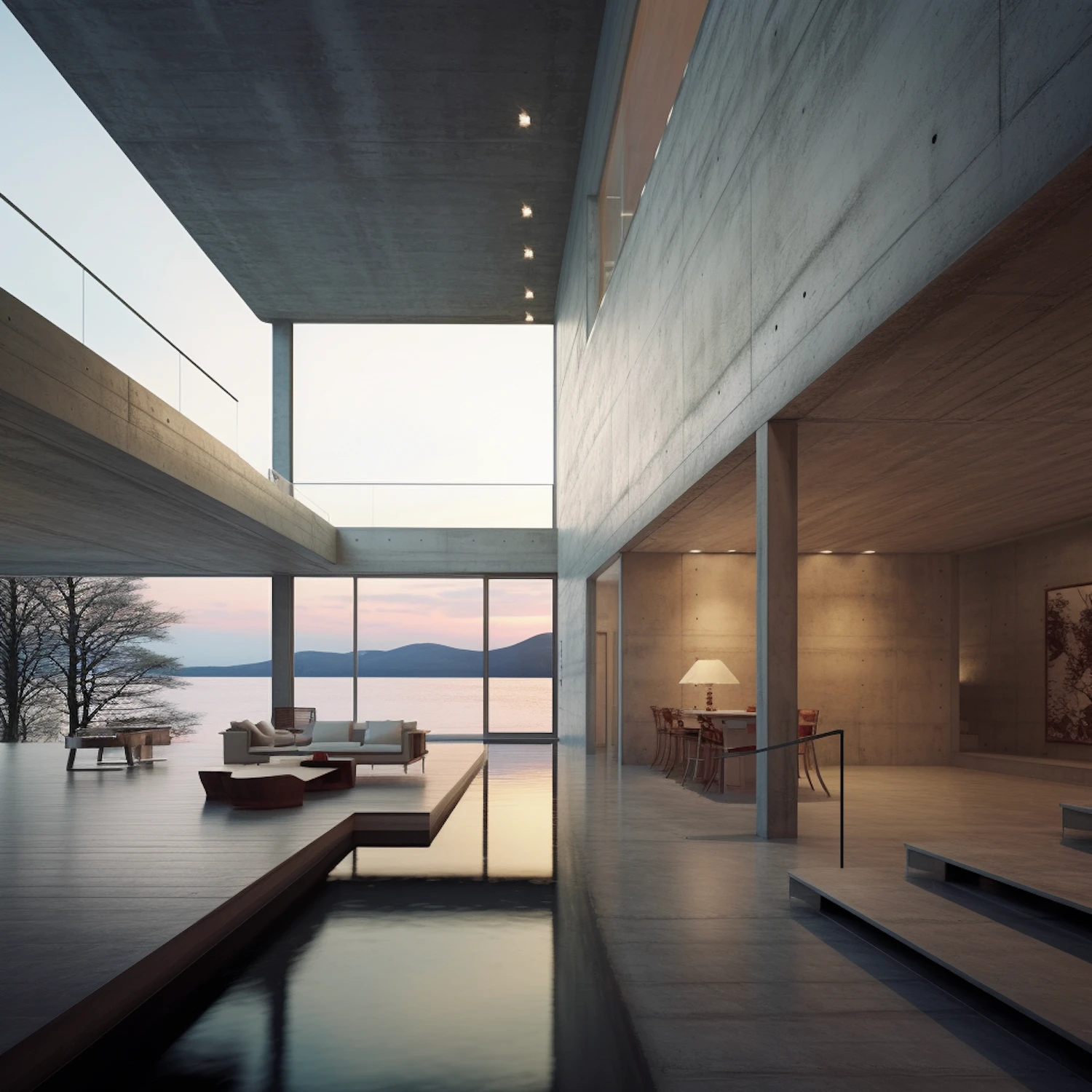 Concrete residence with reflecting pool