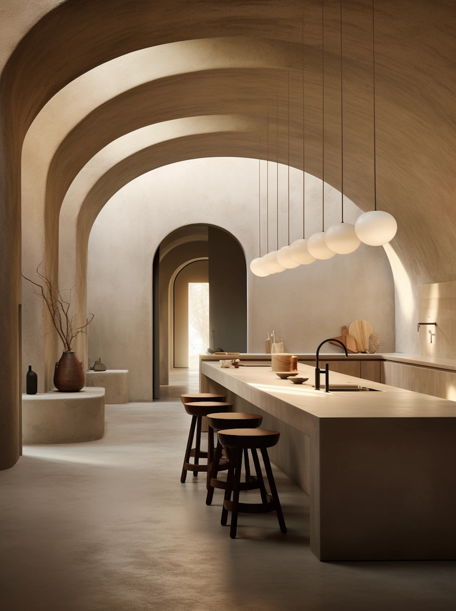Arched kitchen with warm stone finishes